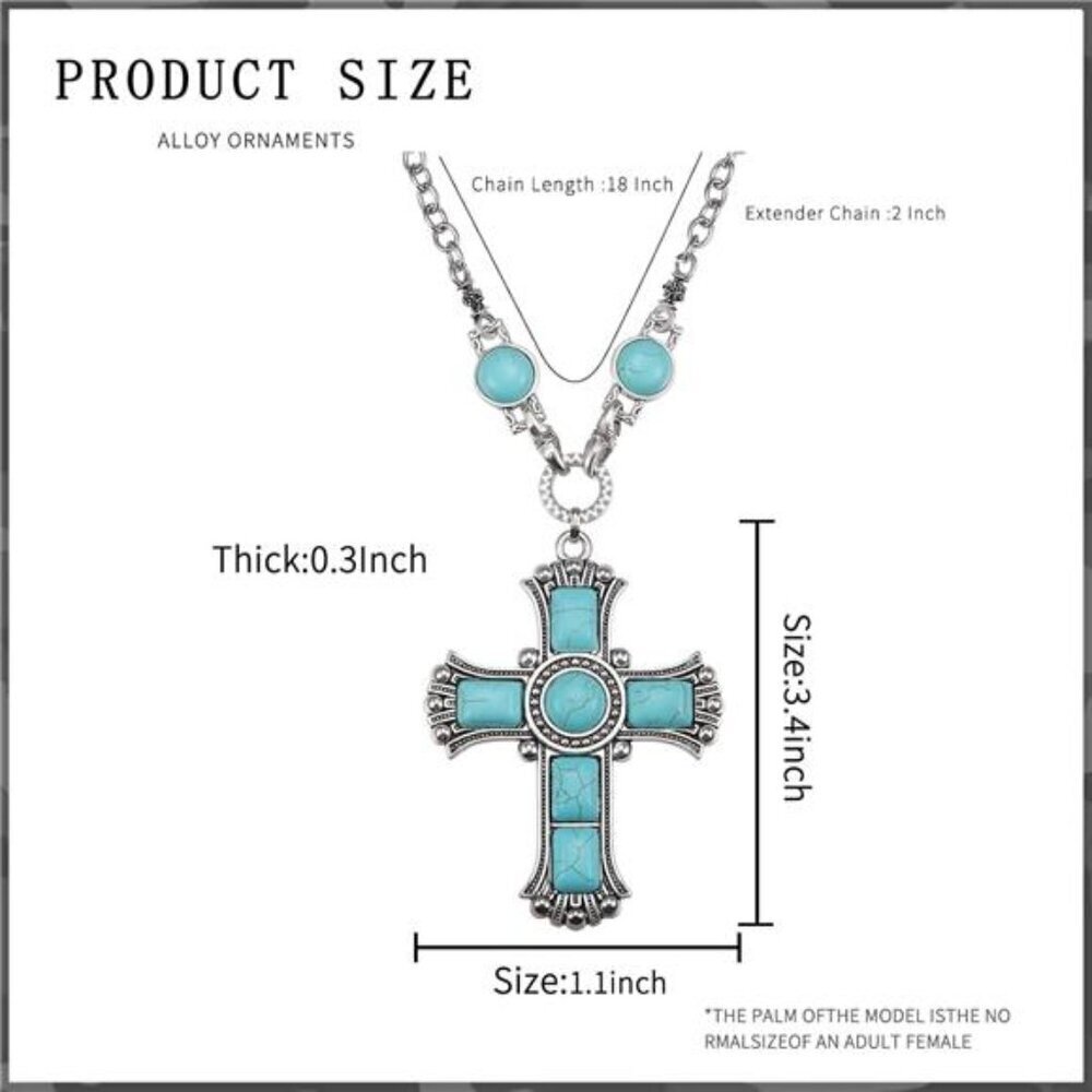 Vintage Turquoise Cross Pendant Necklace – Adjustable Western-Style Jewelry - Picture 2 of 6